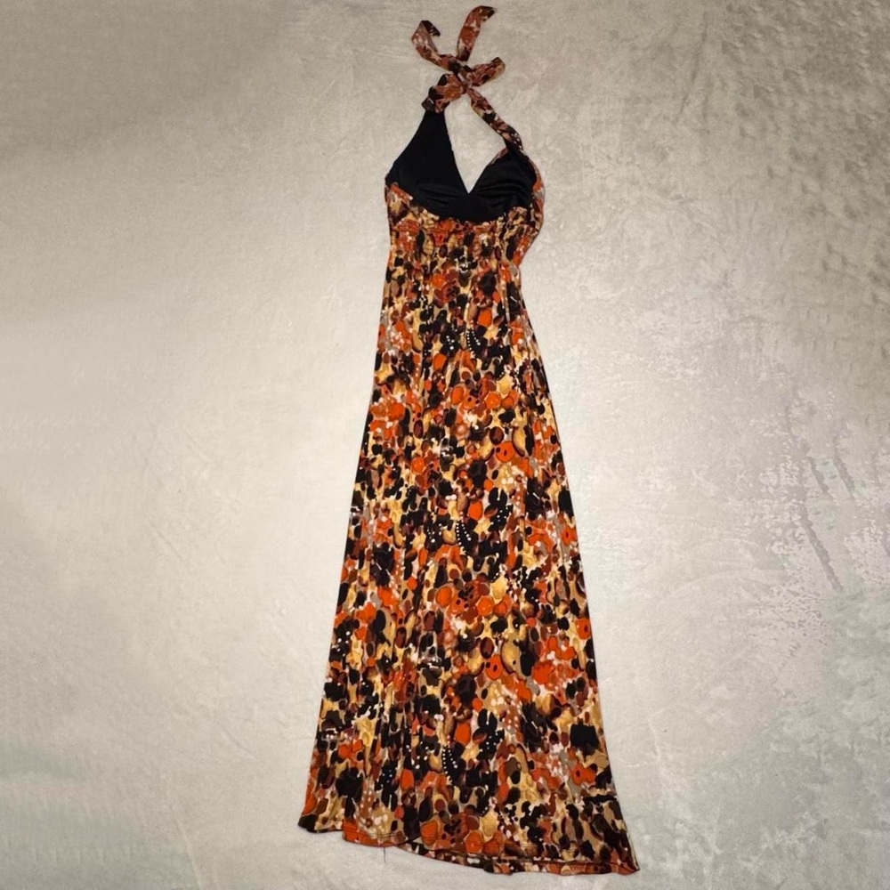 Vintage Halter Maxi Dress in Abstract Boho Chic Orange Yellow and Black Pattern - Picture 5 of 8